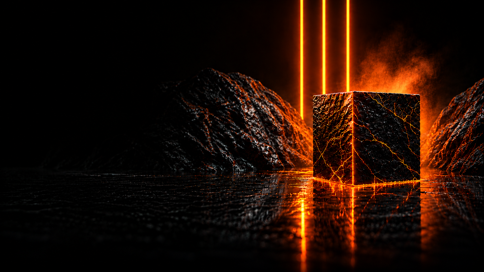 Approved OQS redesign artwork: an obsidian cube illuminated by orange architectural light.