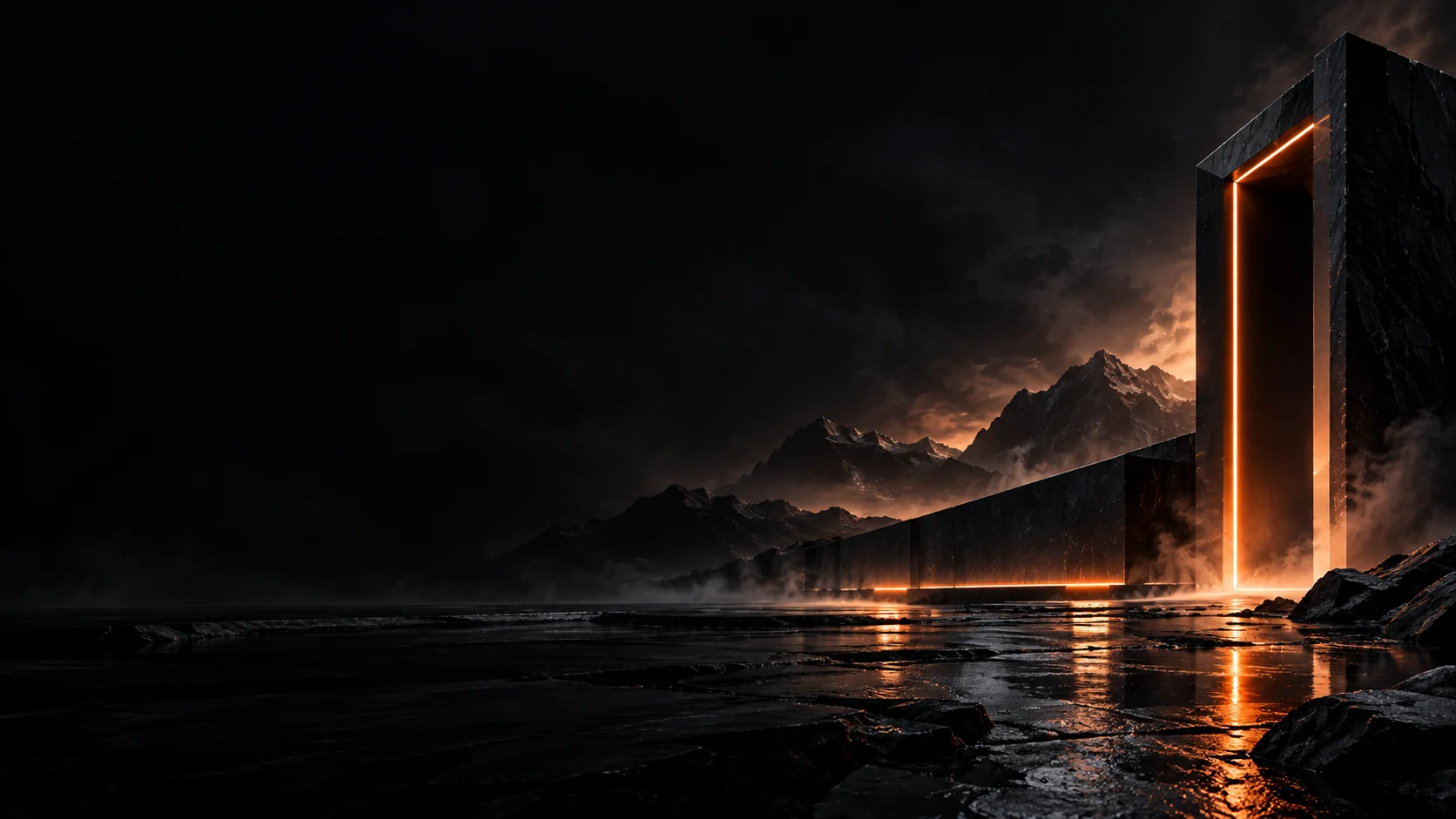 An orange-lit architectural threshold in a dark graphite landscape.