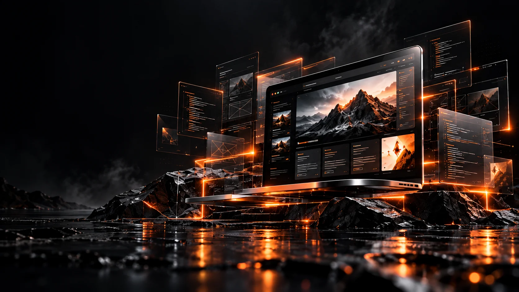 A dimensional website screen surrounded by interface and code layers on a reflective graphite foundation.