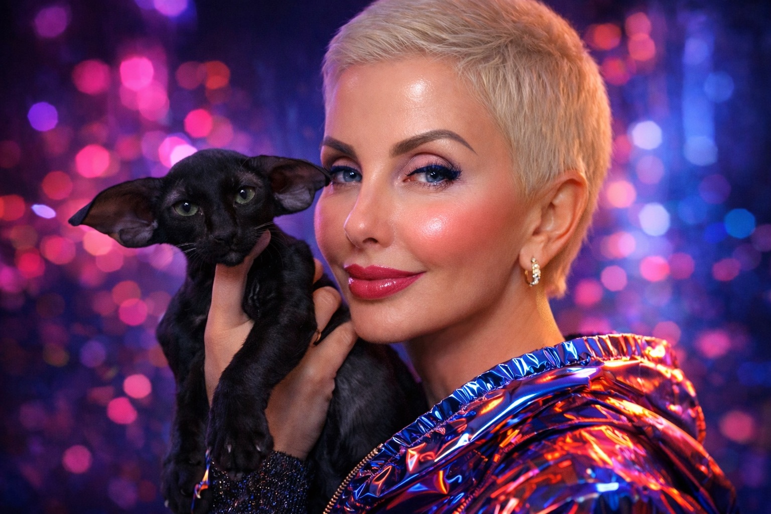 Owner holding a black kitten against colorful lights.