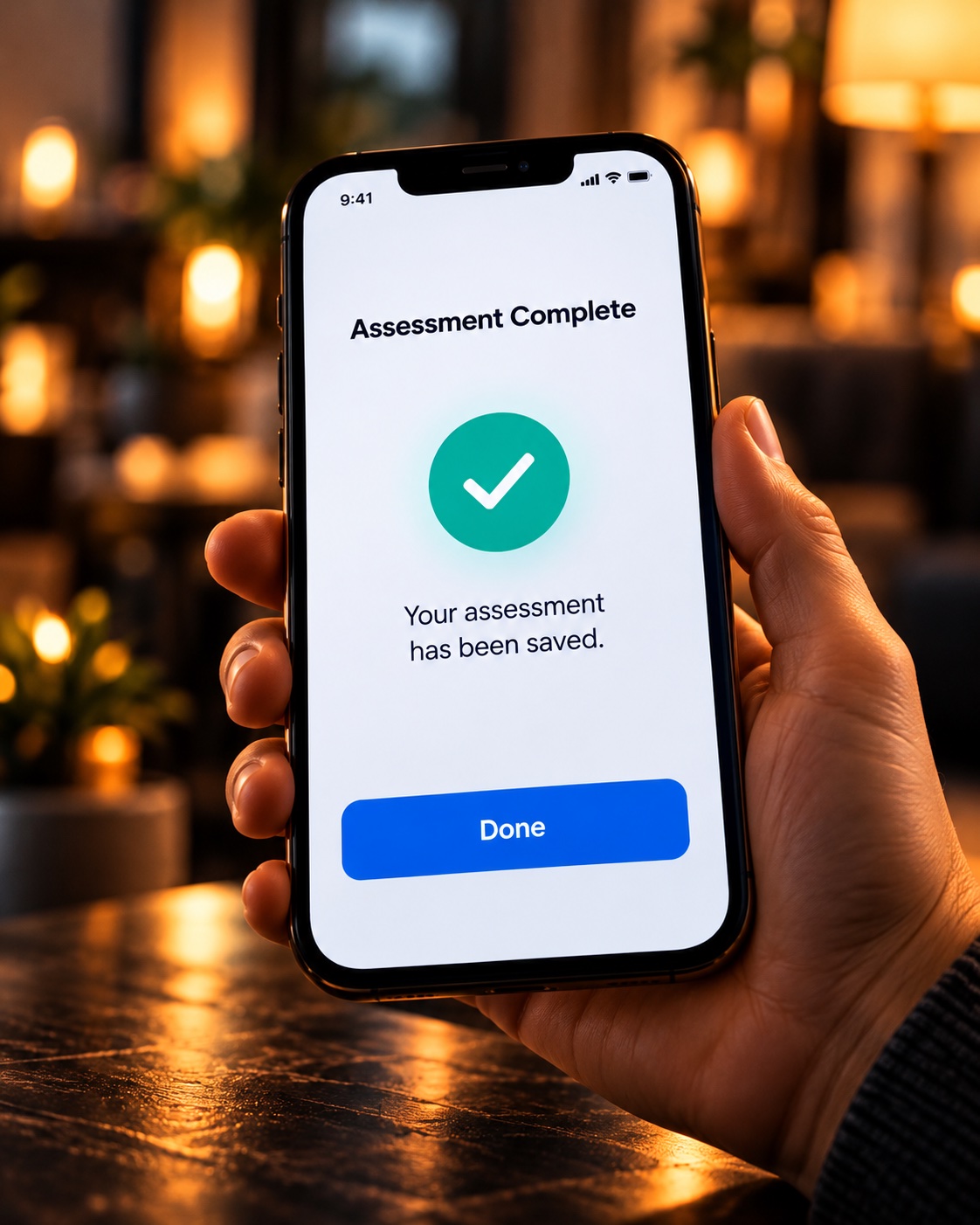 Hand-held smartphone showing an illustrative Assessment Complete message with a green check.