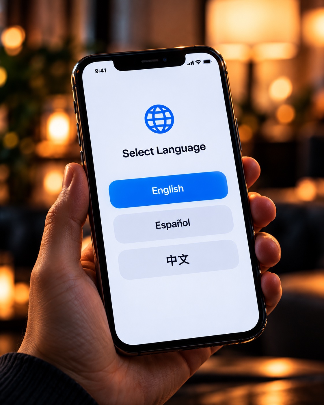 Hand-held smartphone displaying an illustrative language-choice screen.