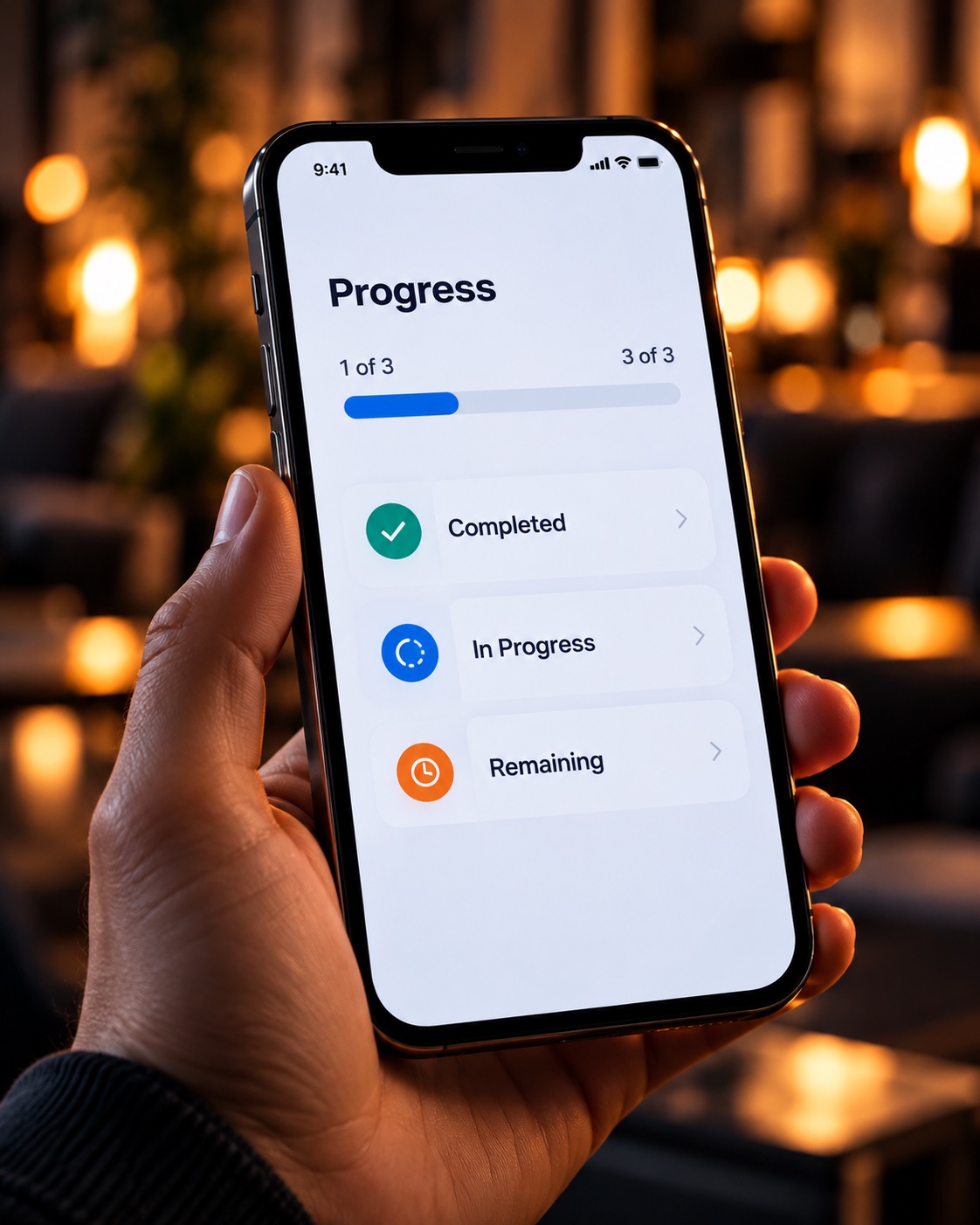 Hand-held smartphone displaying illustrative progress and completion states.