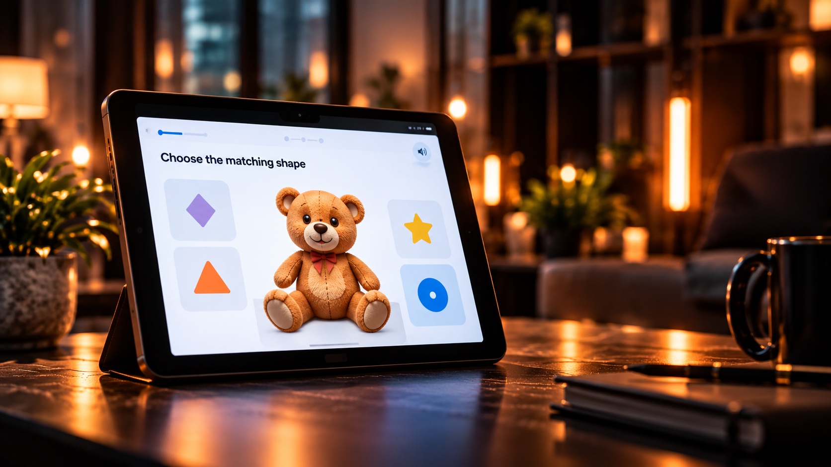 Illustrative child-friendly shape-matching concept on a tablet with a teddy bear; not an actual NIH Baby Toolbox screen.