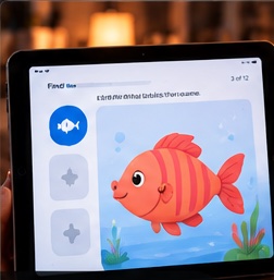 Conceptual tablet task screen with a colorful fish illustration.