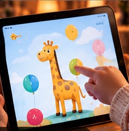 Conceptual child interaction with a colorful giraffe-themed tablet screen.
