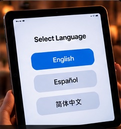 Conceptual tablet screen showing three language choices.