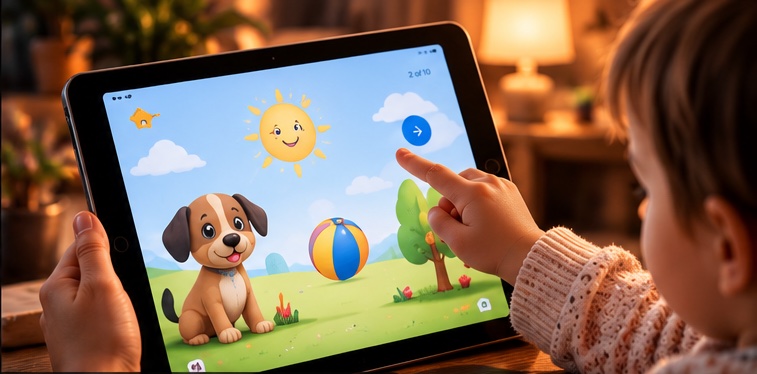 Conceptual scene of a child interacting with a tablet showing a fictional sun, dog, and landscape.