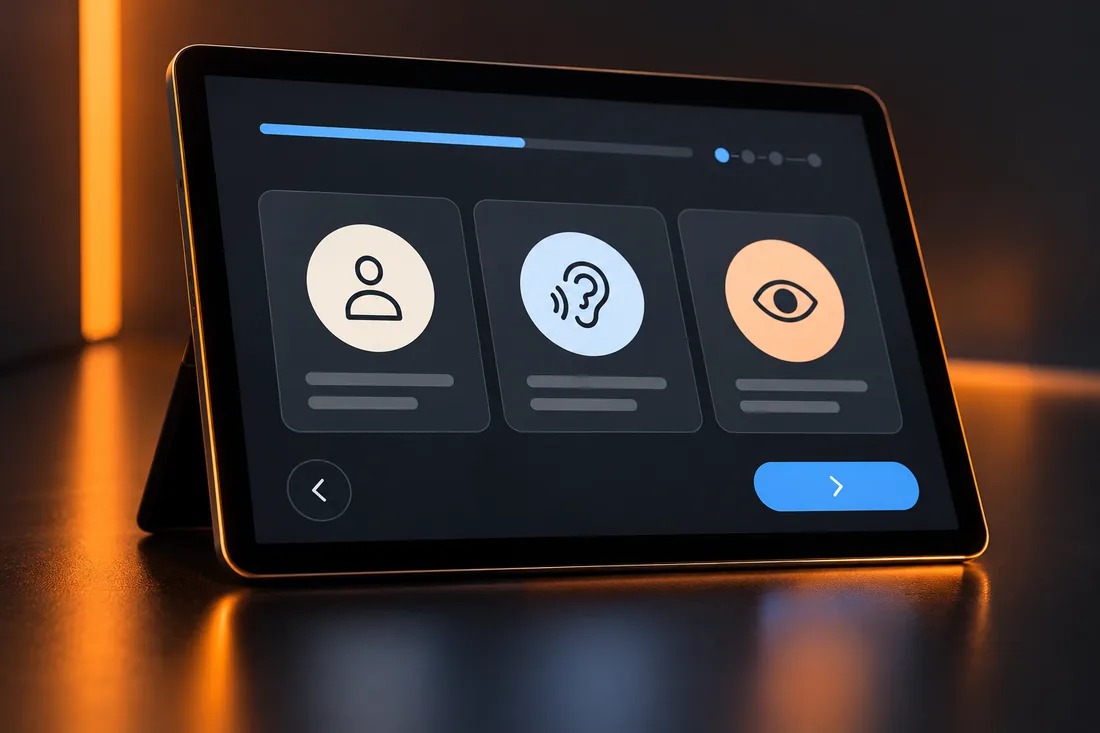 Fictional tablet interface with spacious icon cards and blue progress indicator.