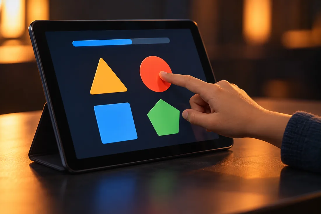 A hand touches a colored shape on a fictional tablet assessment concept.