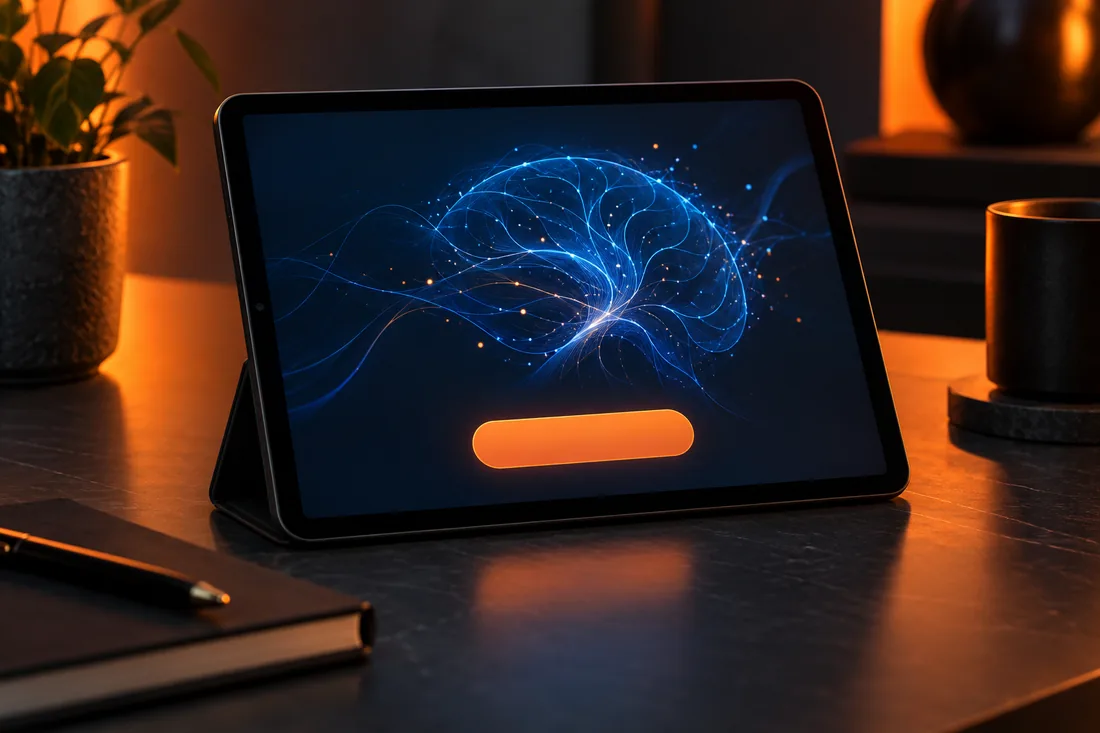 Unbranded tablet with a fictional blue abstract welcome display.