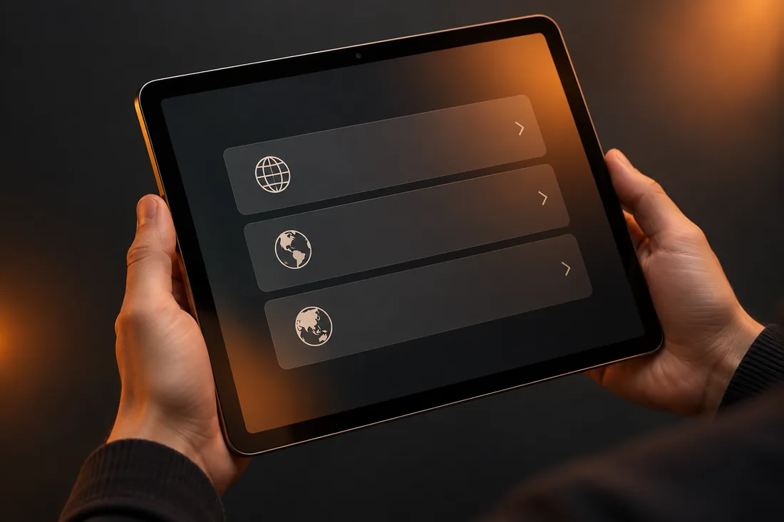 Generic language-selection concept on an unbranded tablet.