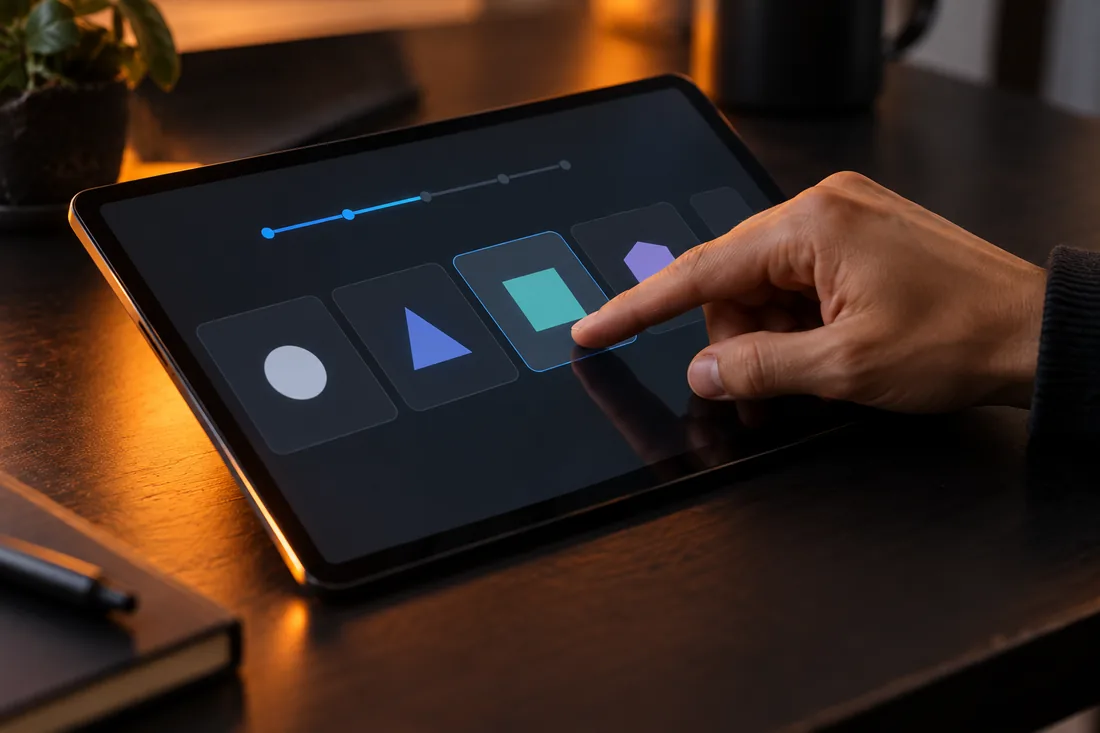 A hand interacts with abstract shapes on a fictional tablet interface.