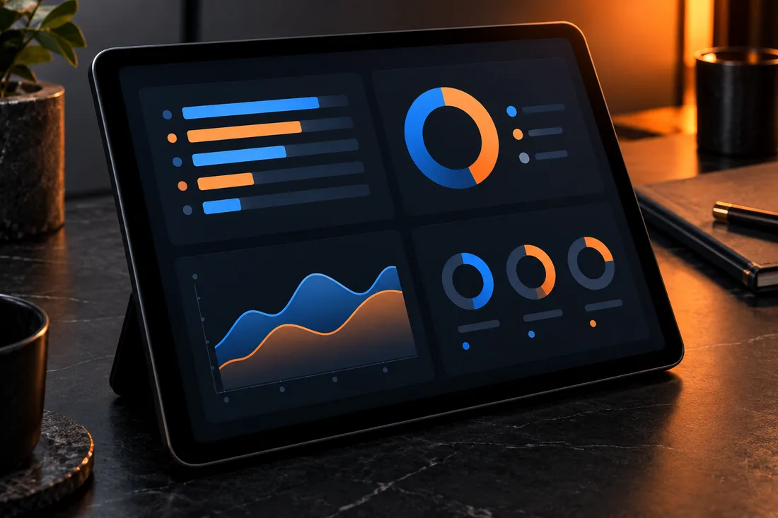 Fictional, non-identifying charts displayed on an unbranded tablet.