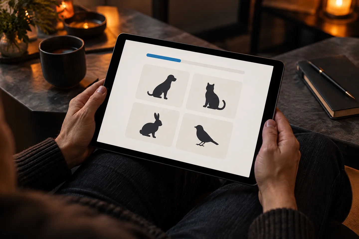 Conceptual assessment activity with animal silhouettes on a tablet held in two hands.