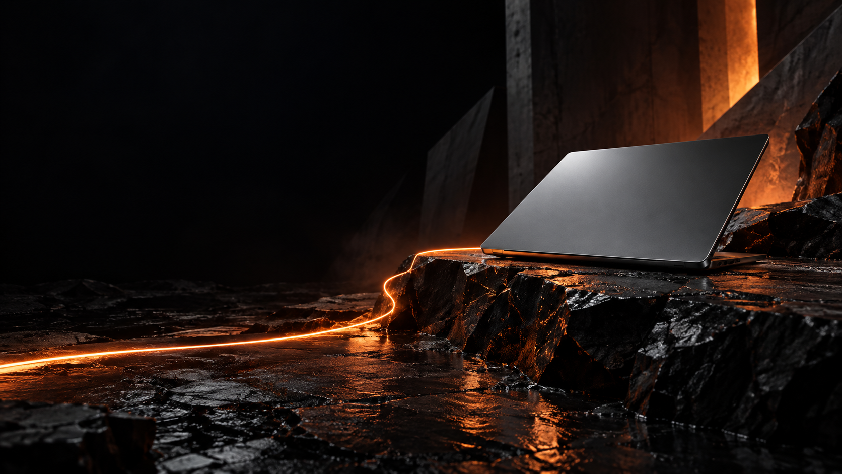 Concept artwork of an unbranded graphite laptop beside an orange light trail.