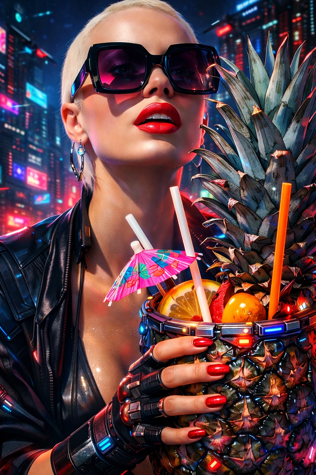 Tiffany Royale in dark sunglasses with a neon-lit pineapple cocktail.