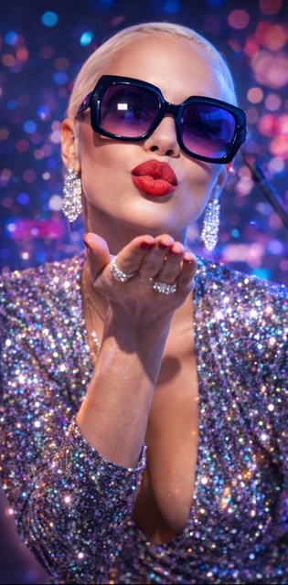 Tiffany Royale blowing a kiss in a sparkling outfit under purple-blue lights.