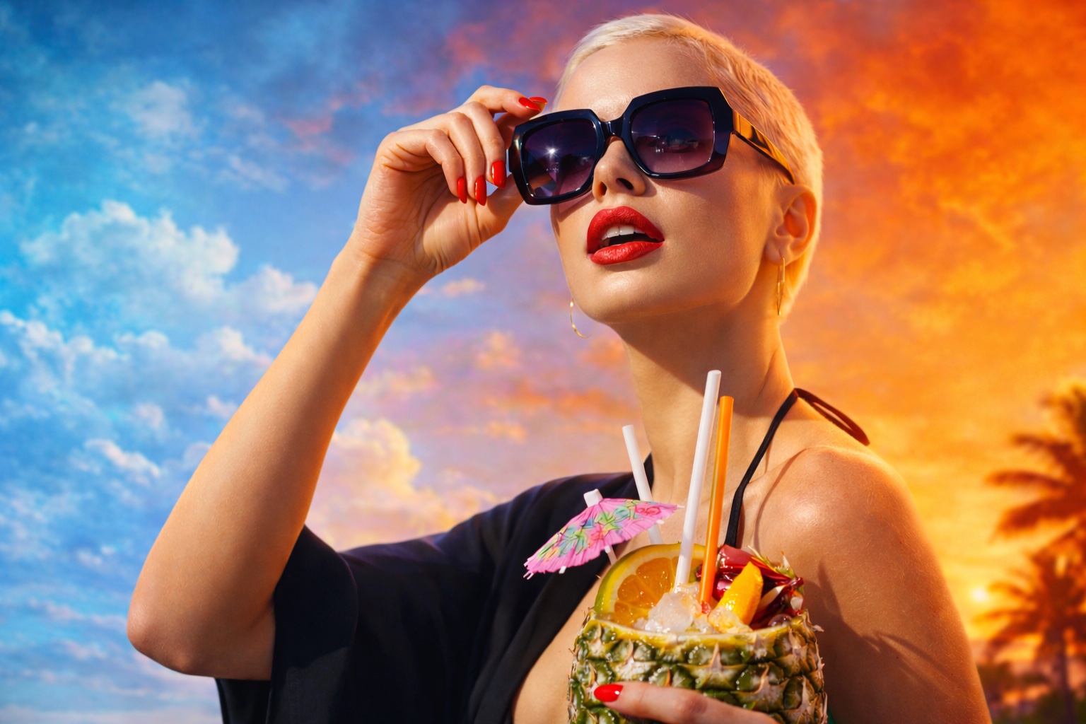 Close-up portrait of Tiffany Royale wearing dark sunglasses against a blue-orange sunset.